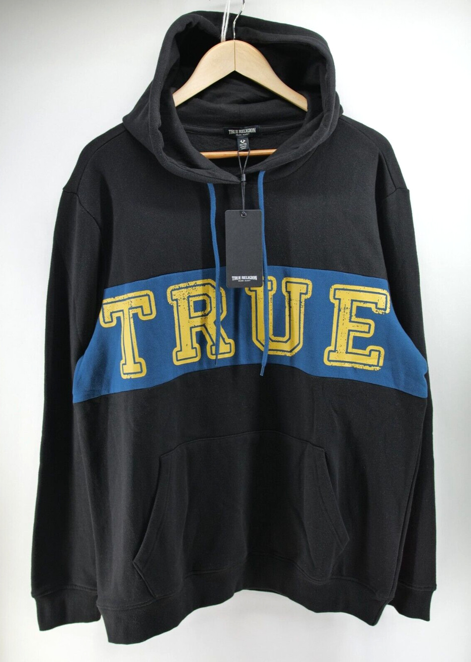 NWT True Religion Men's Contrast Panel Logo Hoodie Sweatshirt Size XL Jet Black